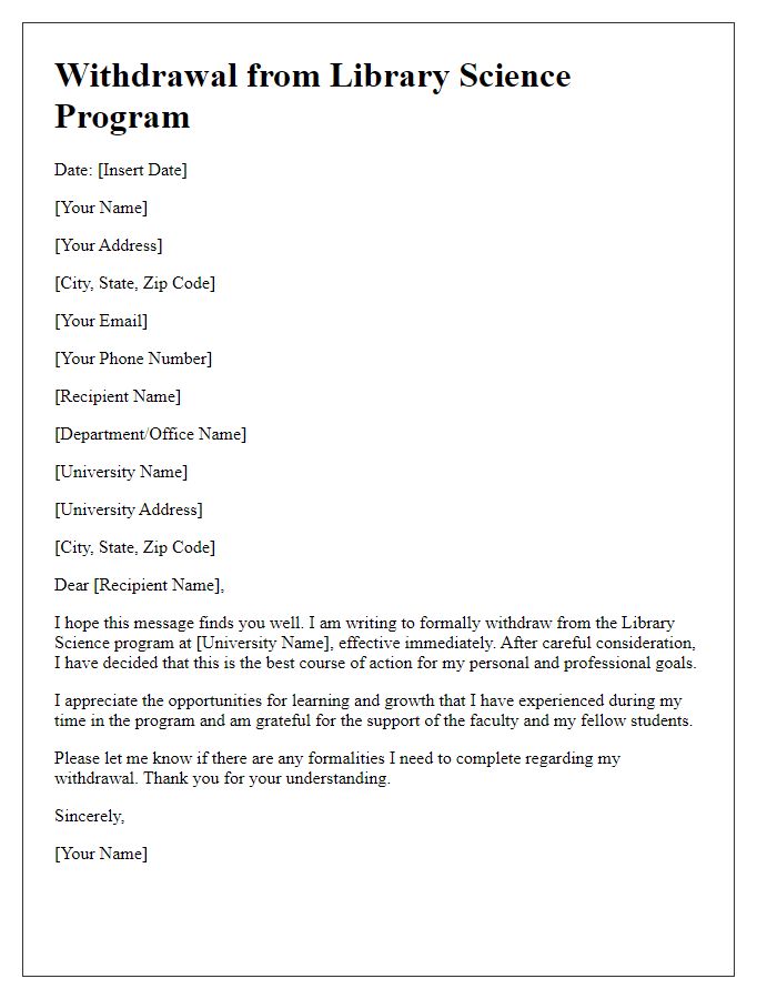 Letter template of withdrawal from library science program