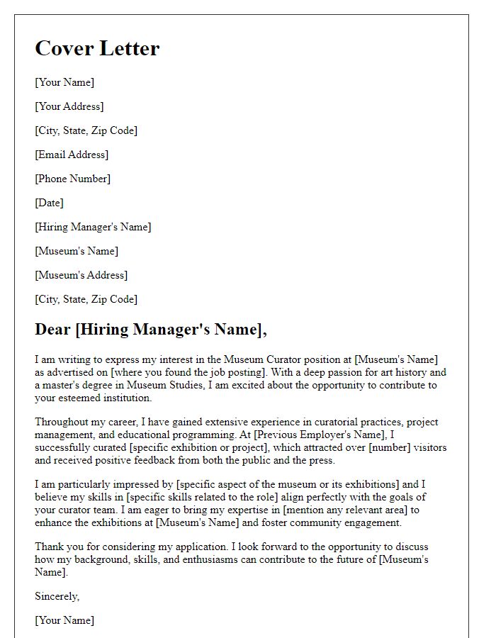 Letter template of cover letter for museum curator role