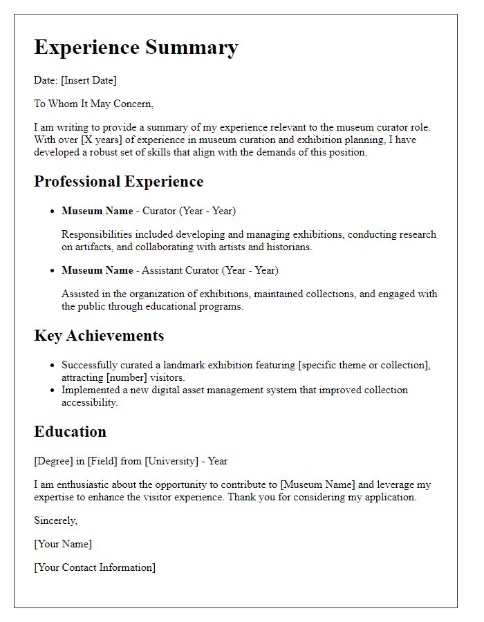 Letter template of experience summary for museum curator role