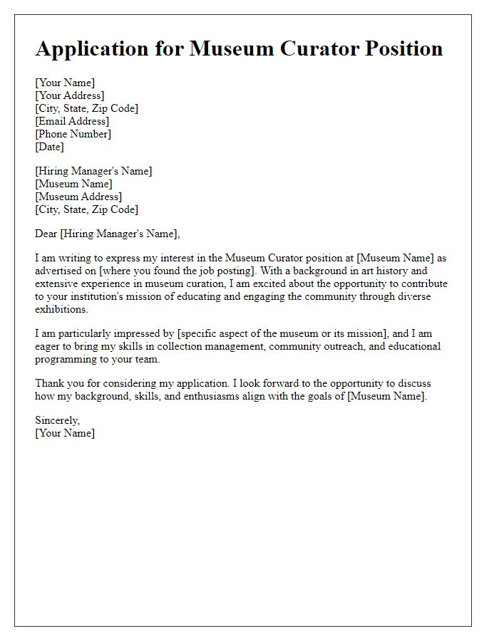 Letter template of introductory letter for museum curator position