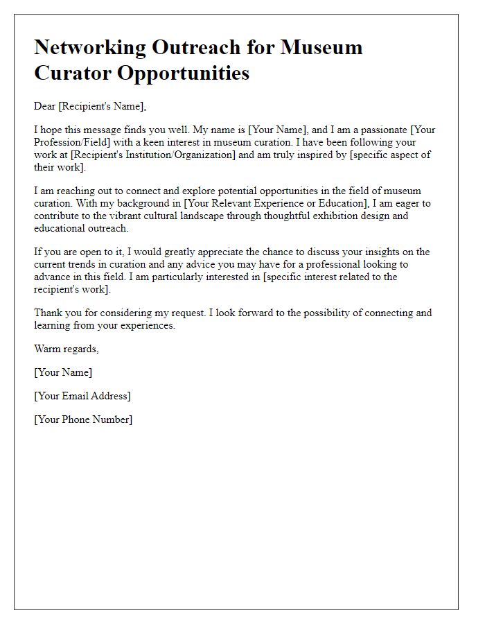 Letter template of networking outreach for museum curator opportunities