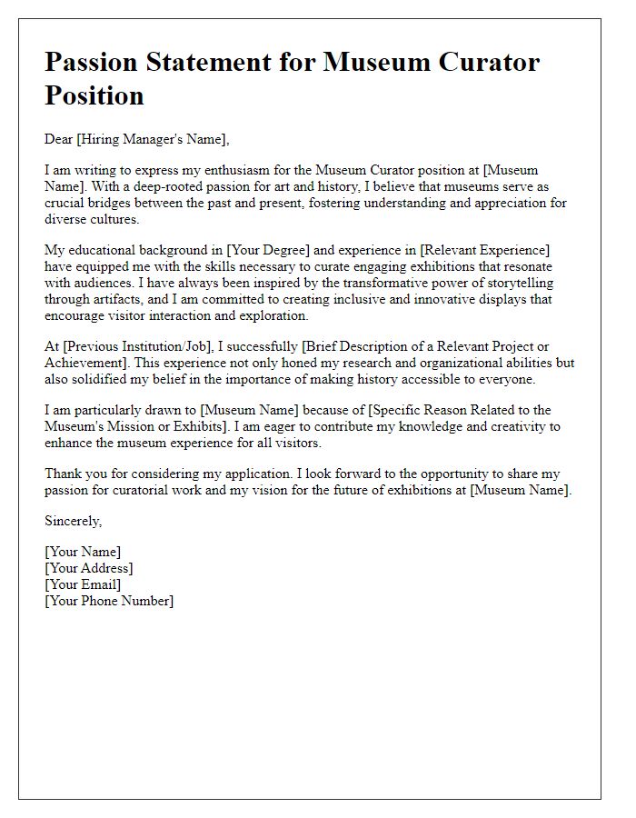 Letter template of passion statement for museum curator job