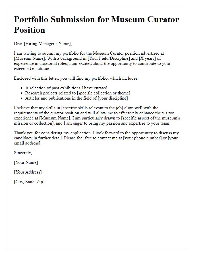 Letter template of portfolio submission for museum curator application