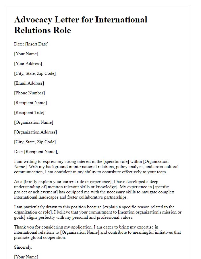 Letter template of advocacy for international relations role