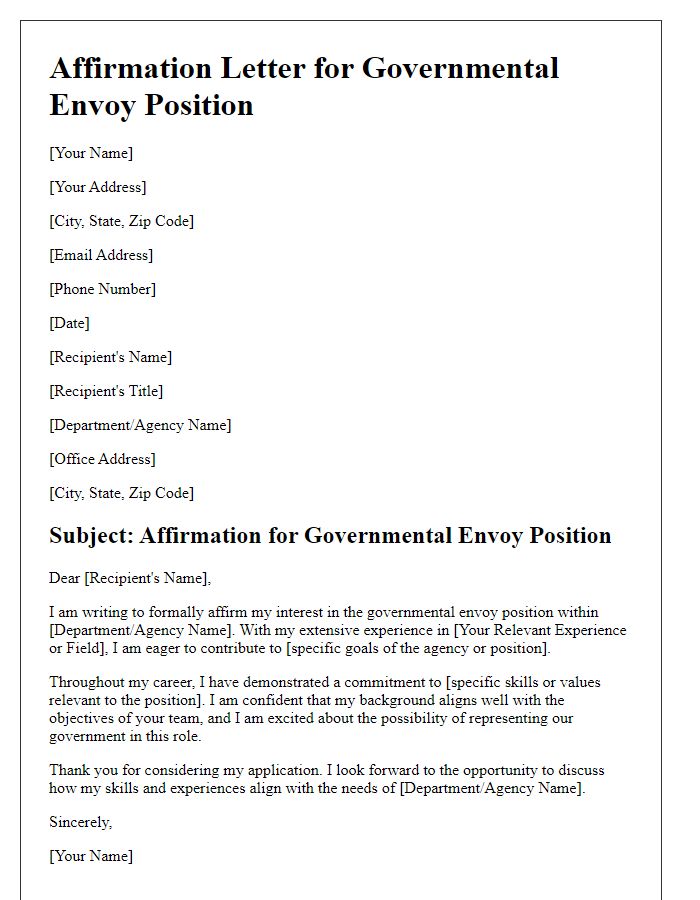 Letter template of affirmation for governmental envoy position