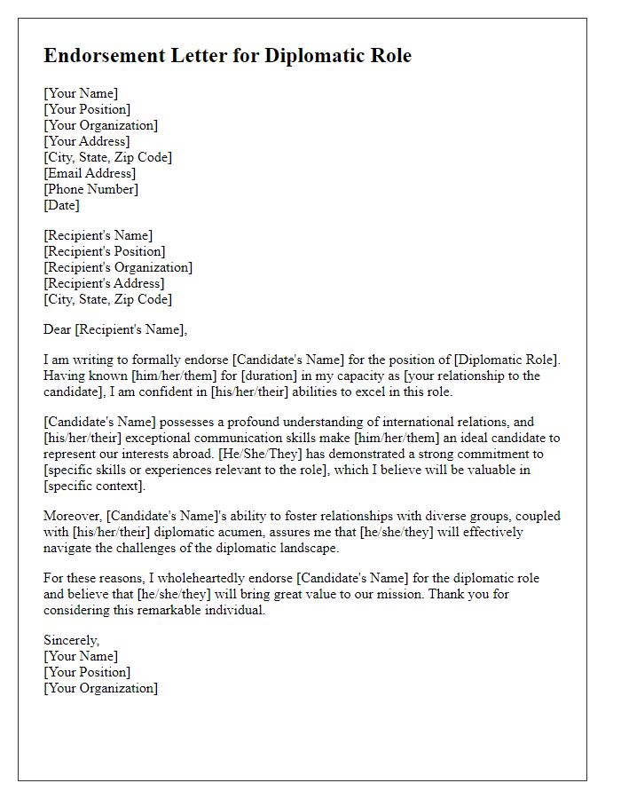 Letter template of endorsement for diplomatic role