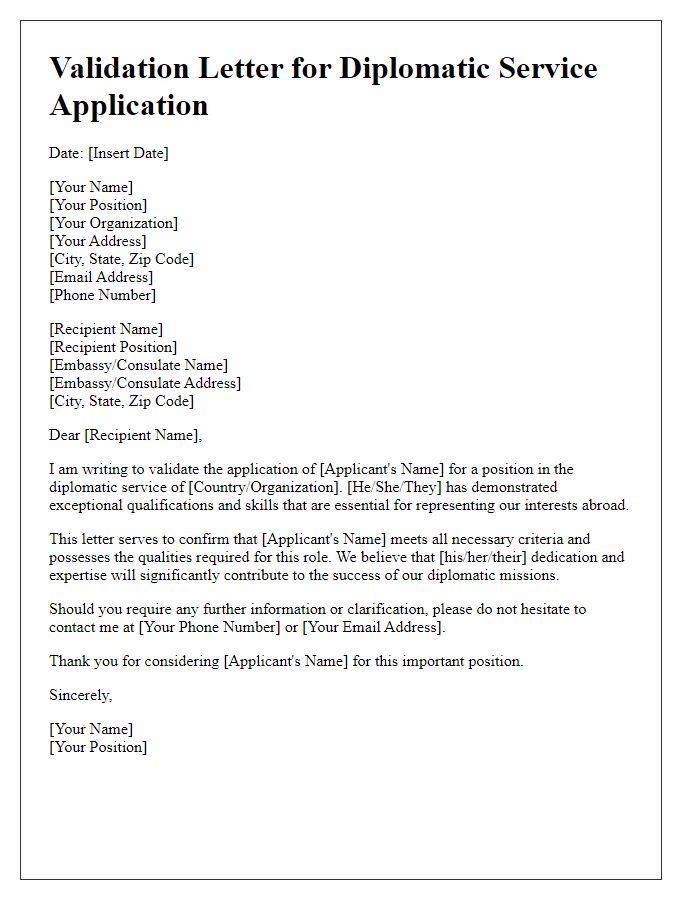 Letter template of validation for diplomatic service application