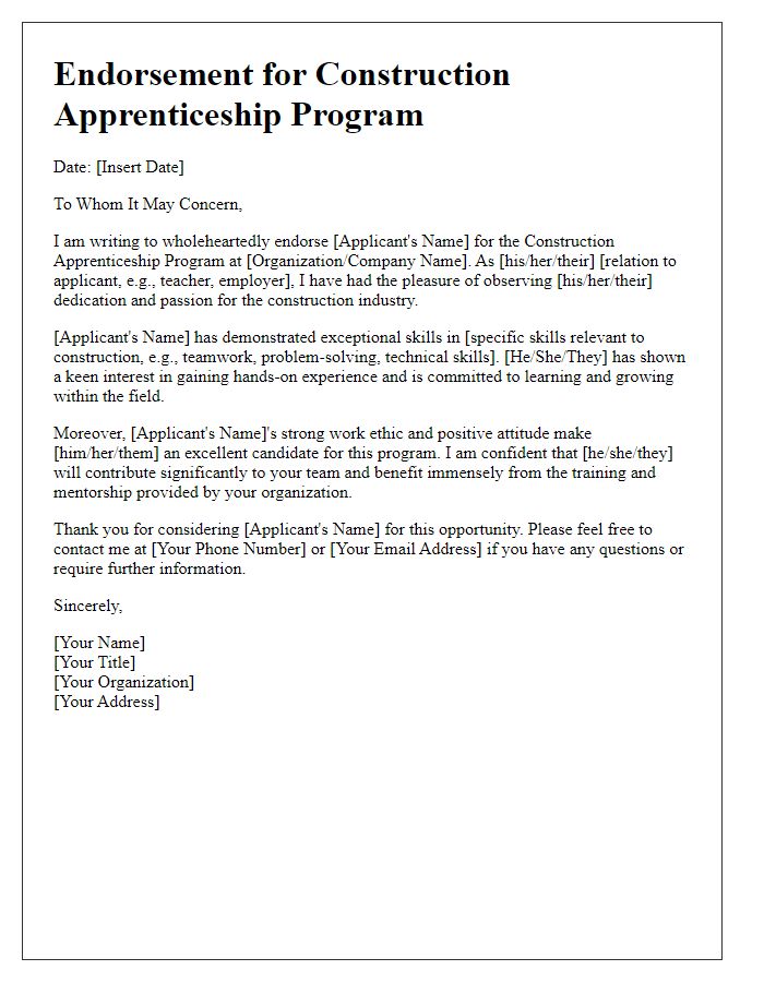 Letter template of endorsement for construction apprenticeship program