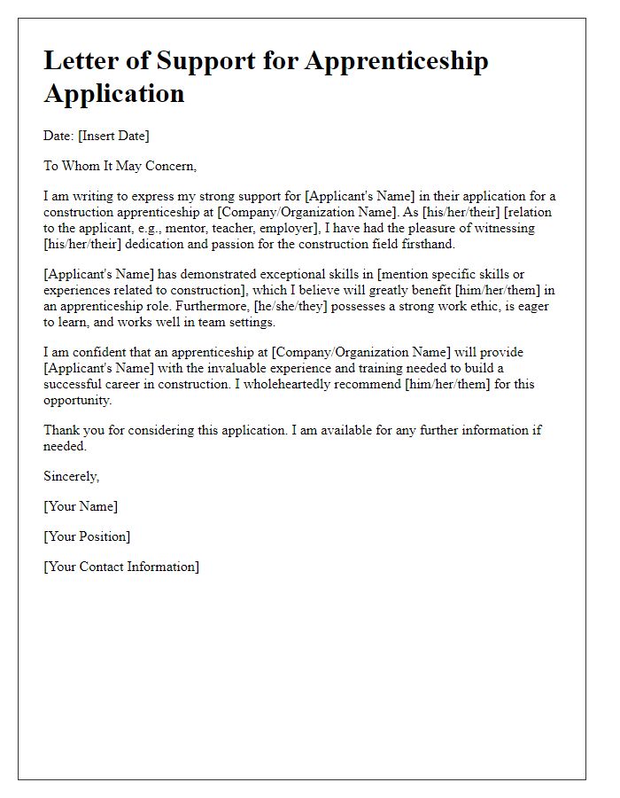 Letter template of support for construction apprenticeship application