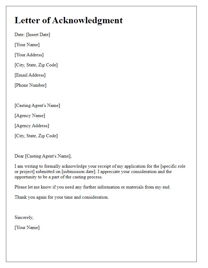 Letter template of acknowledgment for a casting agent