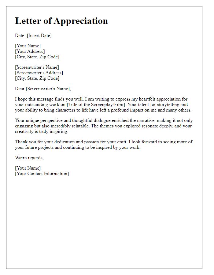 Letter template of appreciation for a screenwriter