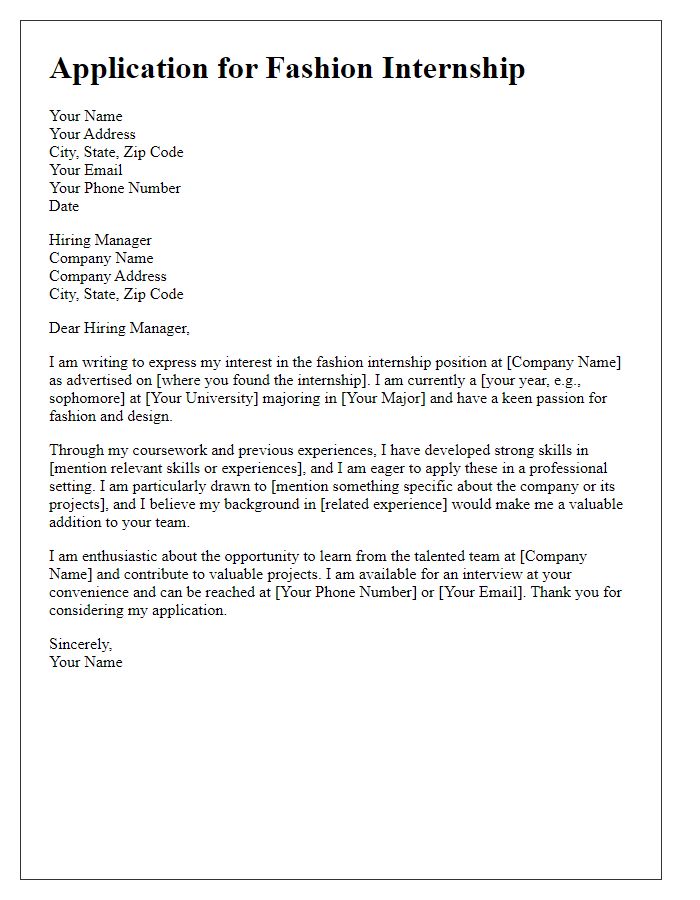 Letter template of application for a fashion internship