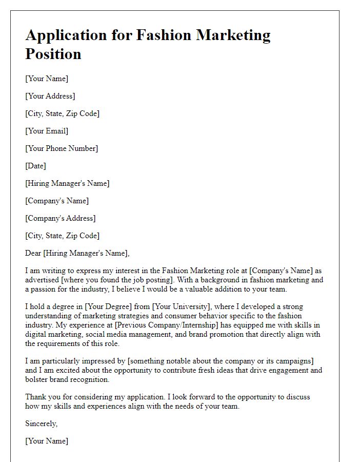 Letter template of application for a fashion marketing role