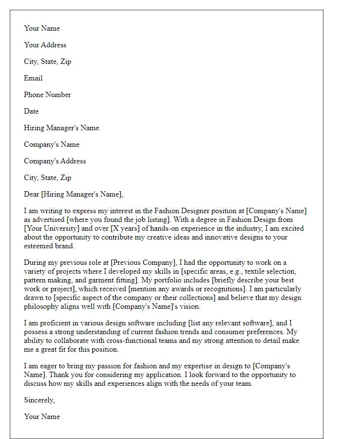 Letter template of cover letter for a fashion designer position