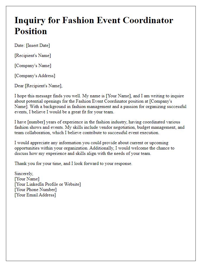 Letter template of inquiry for fashion event coordinator position