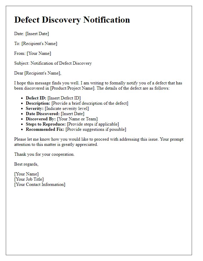 Letter template of Defect Discovery Notification