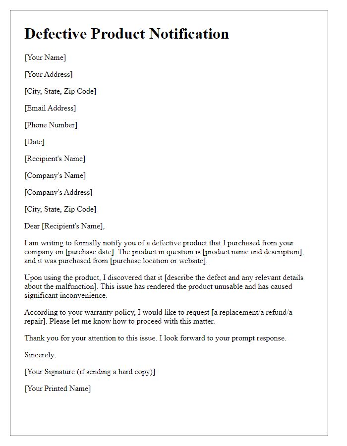 Letter template of Defective Product Notification
