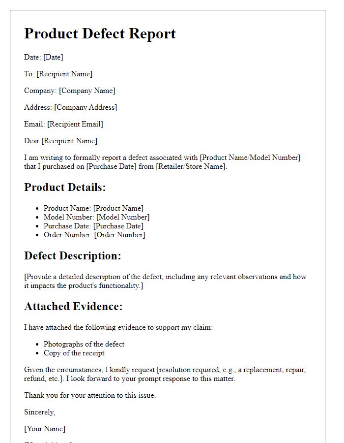 Letter template of Product Defect Report