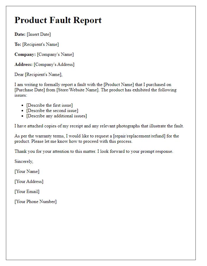 Letter template of Product Fault Report