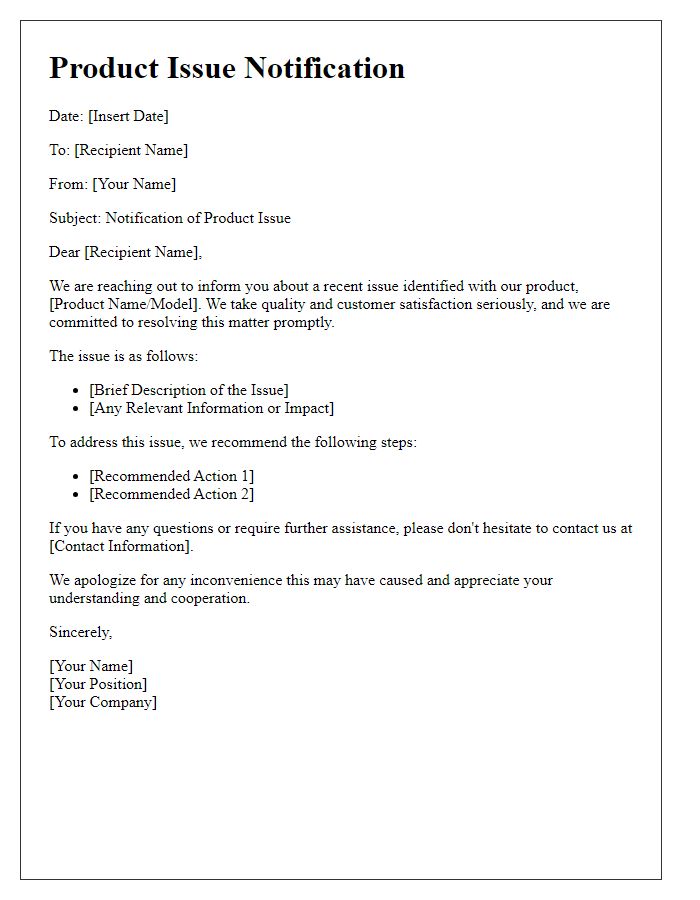 Letter template of Product Issue Notification