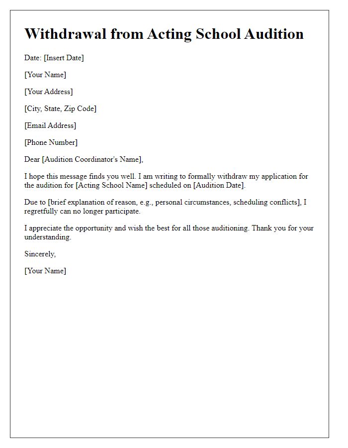 Letter template of withdrawal from acting school audition.