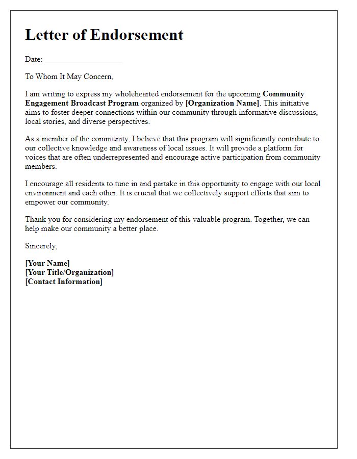 Letter template of broadcasting program endorsement for community engagement.