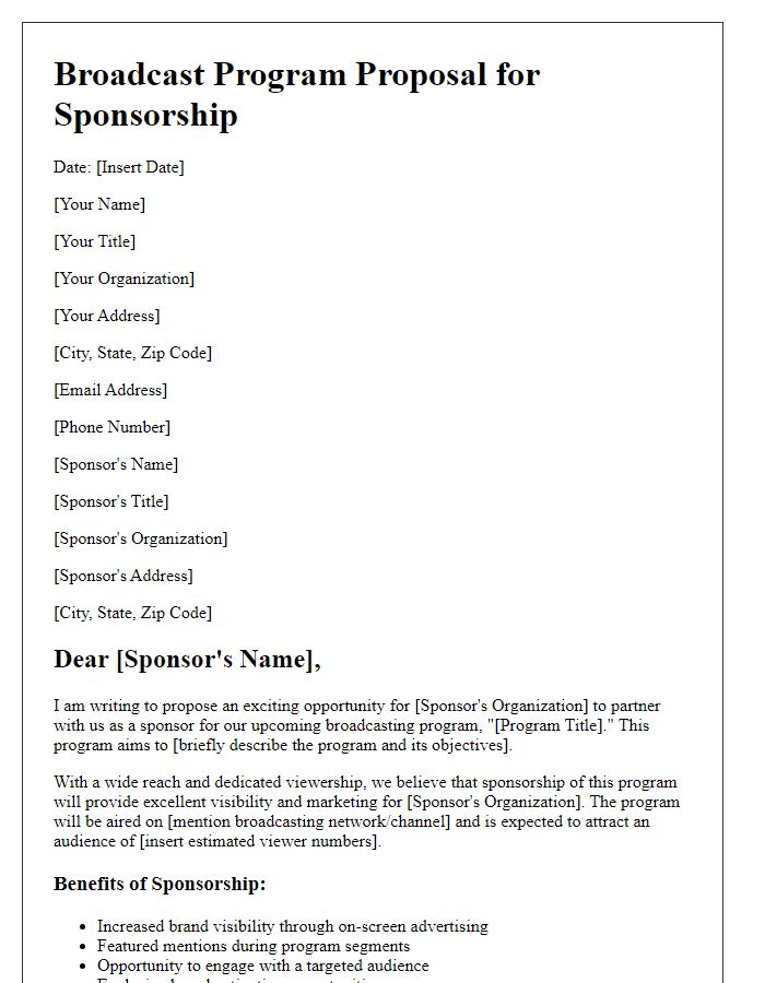 Letter template of broadcasting program proposal for sponsorship opportunities.