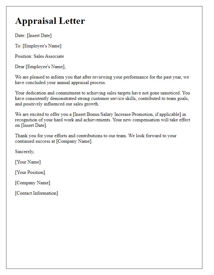 Letter template of appraisal for sales associate