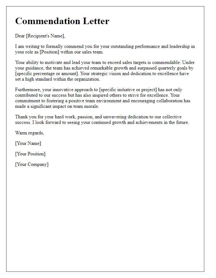 Letter template of commendation for sales leadership role