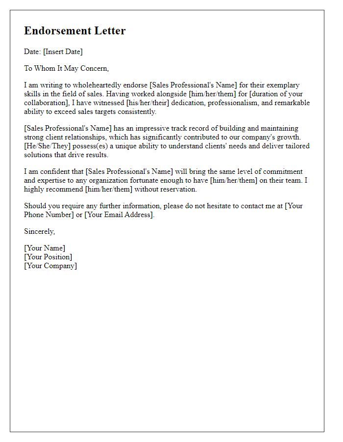 Letter template of endorsement for sales professional