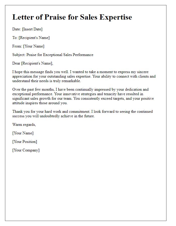 Letter template of praise for sales expertise