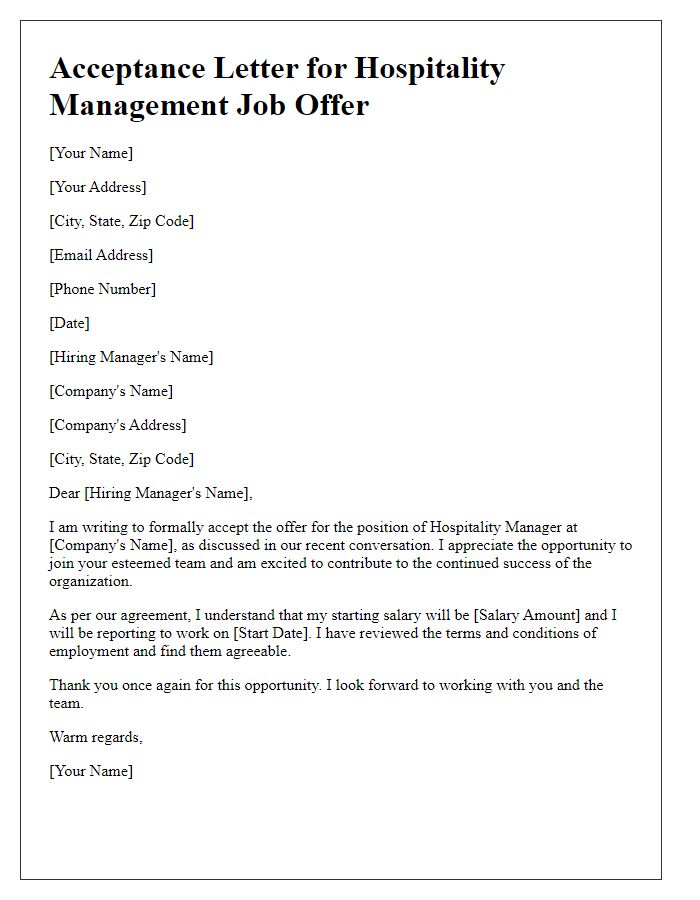 Letter template of acceptance for hospitality management job offer