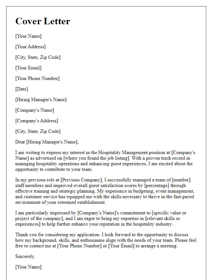 Letter template of cover letter for hospitality management role