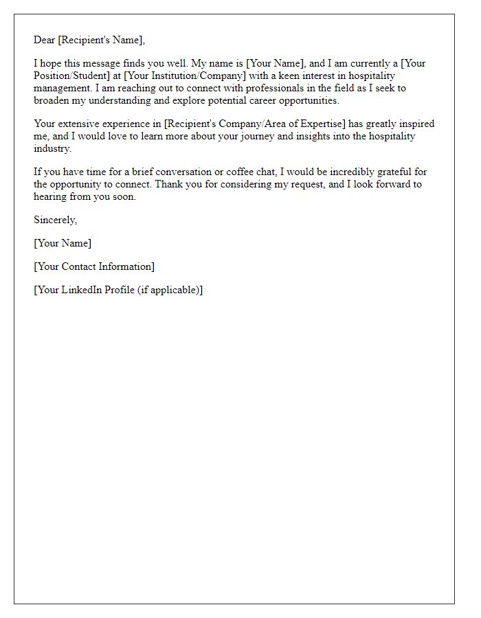 Letter template of networking outreach for hospitality management opportunities