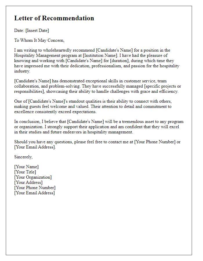 Letter template of recommendation for hospitality management candidate