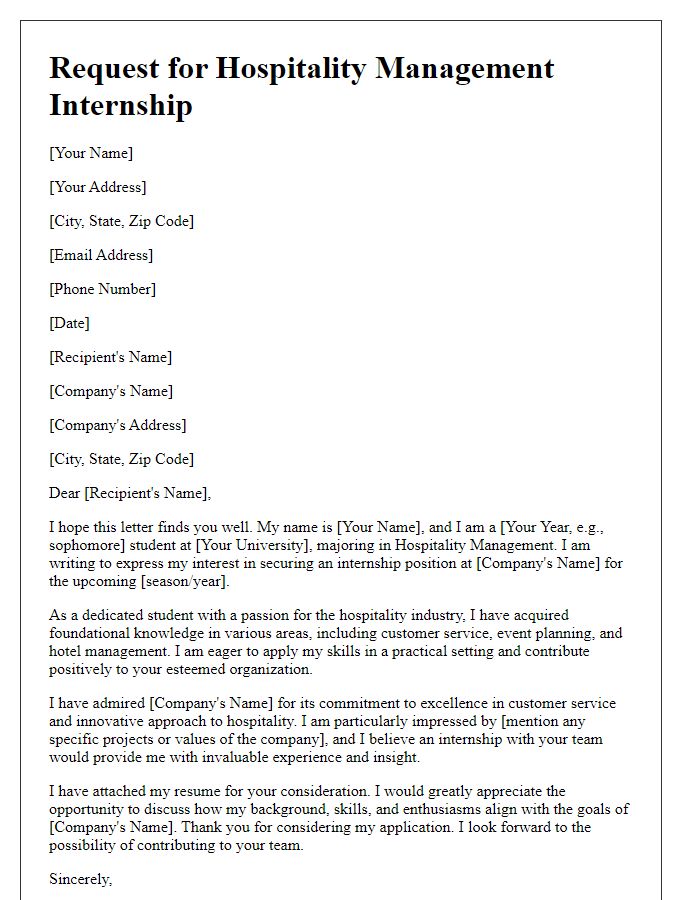 Letter template of request for hospitality management internship