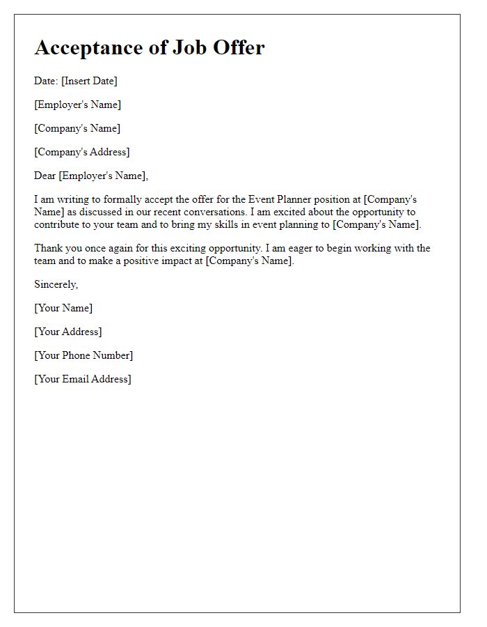 Letter template of acceptance for an event planning job offer