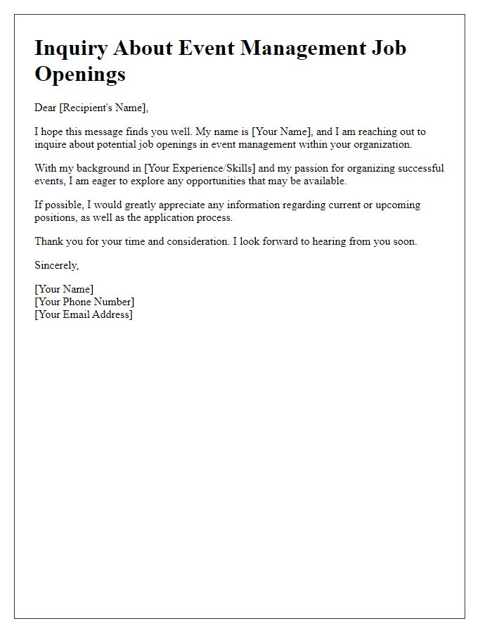 Letter template of inquiry about event management job openings