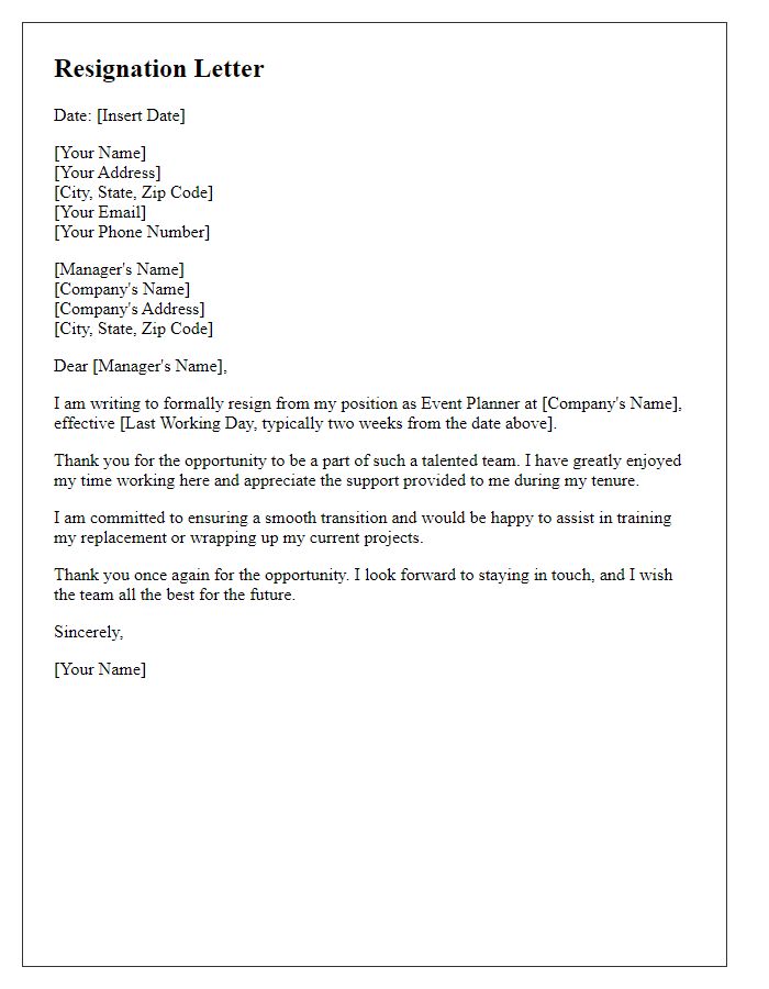 Letter template of resignation from event planning position