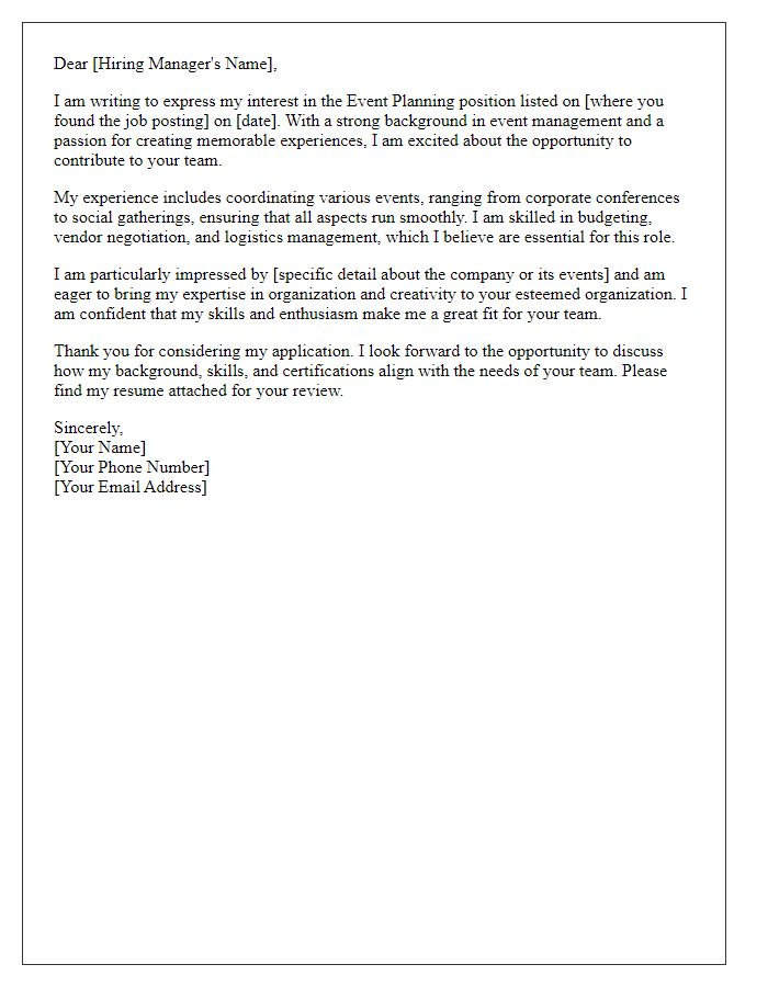 Letter template of response to an event planning job advertisement