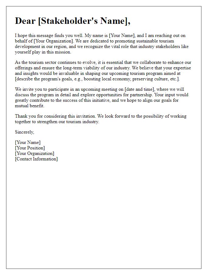 Letter template of tourism program advocacy for industry stakeholders.