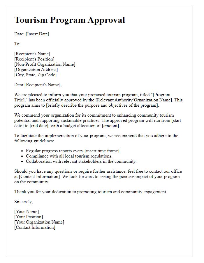 Letter template of tourism program approval for non-profit organizations.