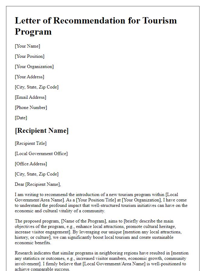 Letter template of tourism program recommendation for local government.