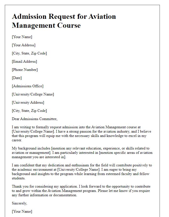 Letter template of admission request for aviation management course.