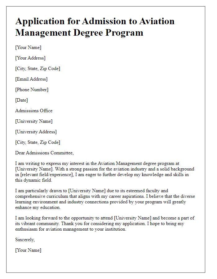 Letter template of application for aviation management degree.