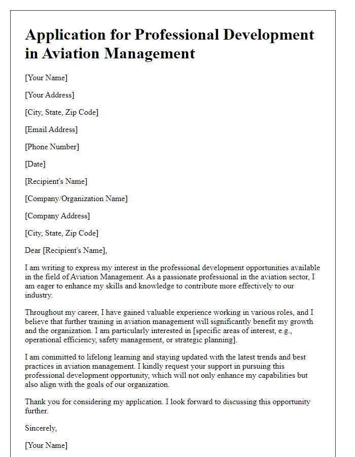 Letter template of application for professional development in aviation management.