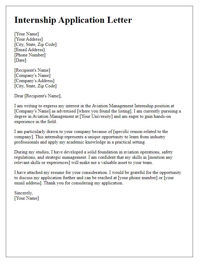 Letter template of aviation management internship application.