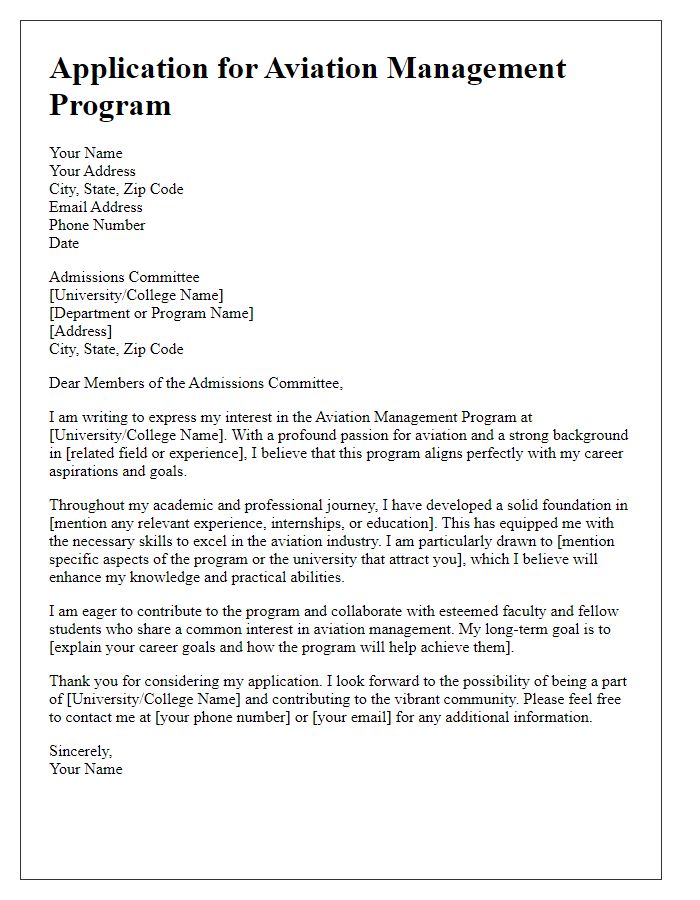 Letter template of aviation management program application.