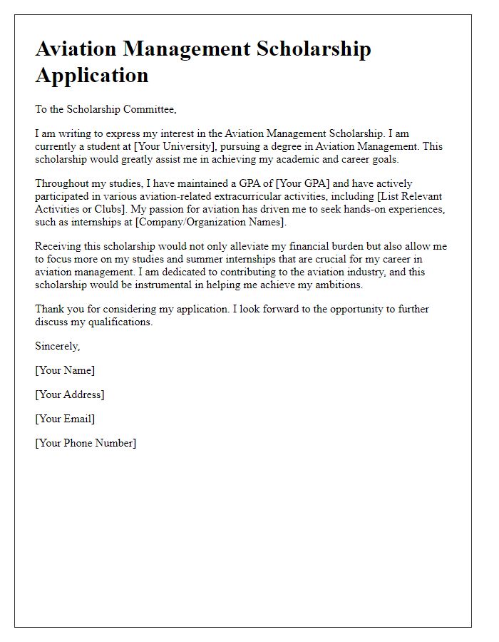 Letter template of aviation management scholarship application.