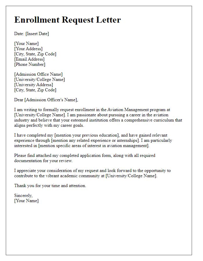 Letter template of enrollment request for aviation management studies.